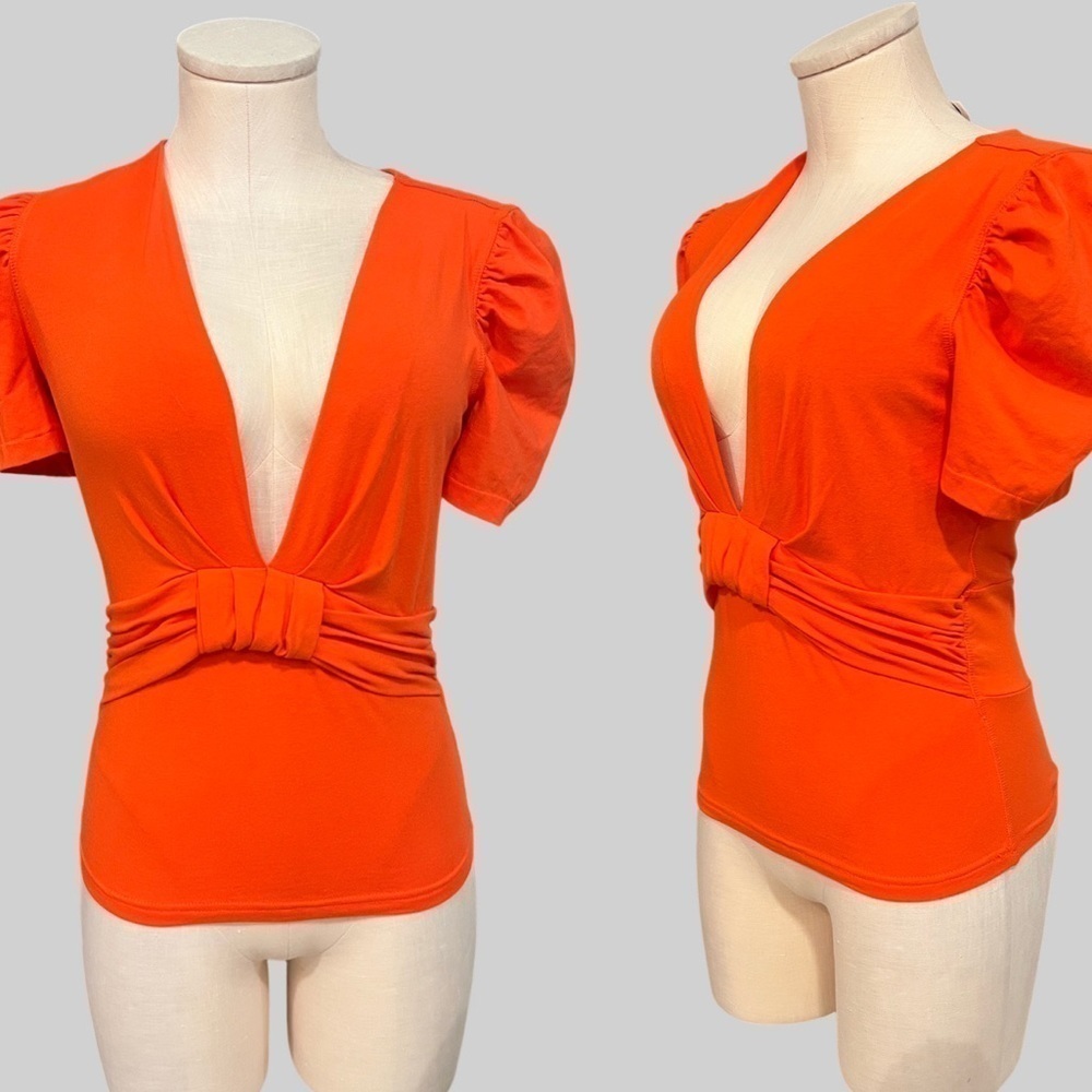 FREE PEOPLE deep orange puff short sleeves with plunging neckline top
